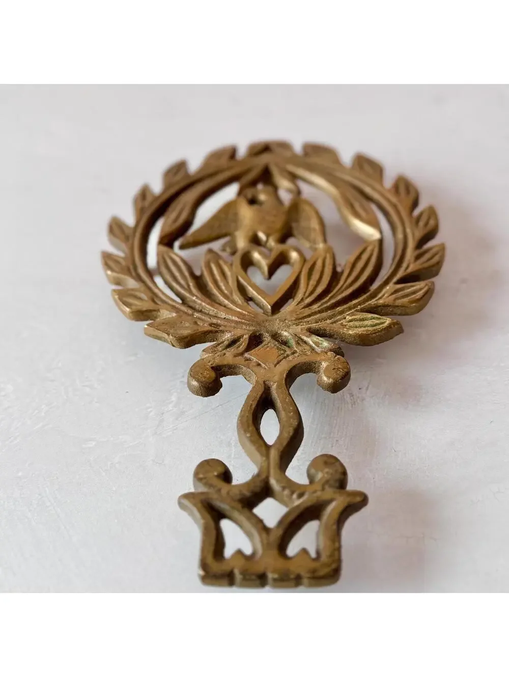 Vintage Americana Cast Brass Eagle Heart Trivet, Pennsylvania Dutch Folk Art